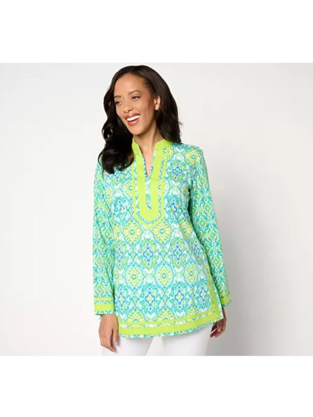 Bellisima by Kim Gravel Boutique Women Top Tunic sz L Ribbon Trim Green A646031